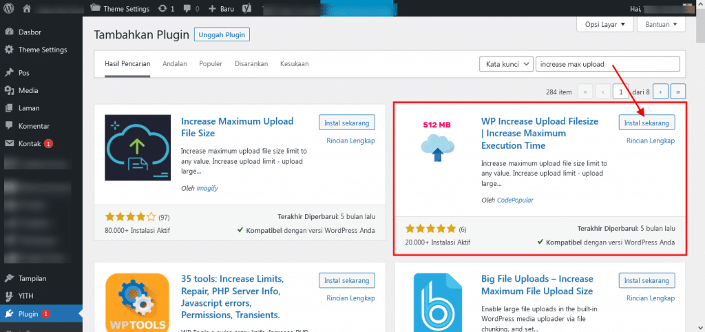 Pasang Plugin Increase Max Upload