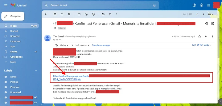 Konfirmasi Penerusan Gmail - Menerima Email dari